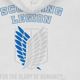 This black Attack on Titan hoodie features "SCOUTING LEGION" in blue above the iconic emblem. Below, the phrase "FOR THE GLORY OF HUMANITY" appears in gray, symbolizing Levi Ackerman’s fearless commitment. It&