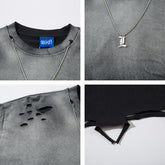 A four-panel image features a Limited Edition Death Note Long Sleeve Shirt in black & gray gradient with "tear off" tag, an "L" pendant necklace, fabric distressing, and inside-out hanging threads, perfectly embodying anime streetwear style.
