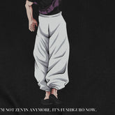 A character with black hair in a bun faces away, wearing a sleek Jujutsu Kaisen Toji Fushiguro Crewneck Sweatshirt and white pants. The text below reads, "I&