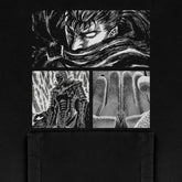 This black and white Berserk Manga Panel Hoodie features a captivating close-up of an intense-eyed figure, another in detailed armor that echoes the dark fantasy series&