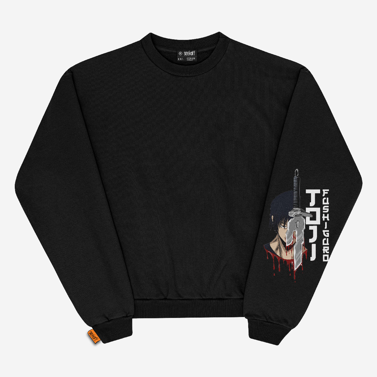 The Jujutsu Kaisen Toji Fushiguro "Behind" Crewneck Sweatshirt features a stylized character with blue hair and a blood-stained sword. "Fight Guard" is vertically on the right sleeve, adding edge, and an orange tag detail at the bottom hem enhances its uniqueness.