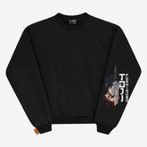 The Jujutsu Kaisen Toji Fushiguro "Behind" Crewneck Sweatshirt features a stylized character with blue hair and a blood-stained sword. "Fight Guard" is vertically on the right sleeve, adding edge, and an orange tag detail at the bottom hem enhances its uniqueness.