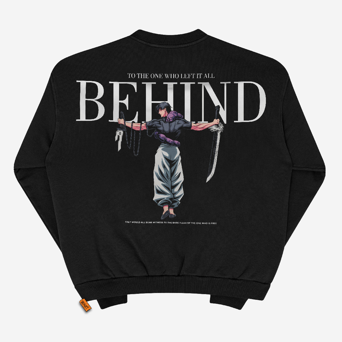 This black crewneck sweatshirt from Jujutsu Kaisen features Toji Fushiguro with arms outstretched, holding a sword and ornate knife. "TO THE ONE WHO LEFT IT ALL BEHIND" text above, additional text below, plus an orange tag on the bottom left—ideal for anime streetwear fans.