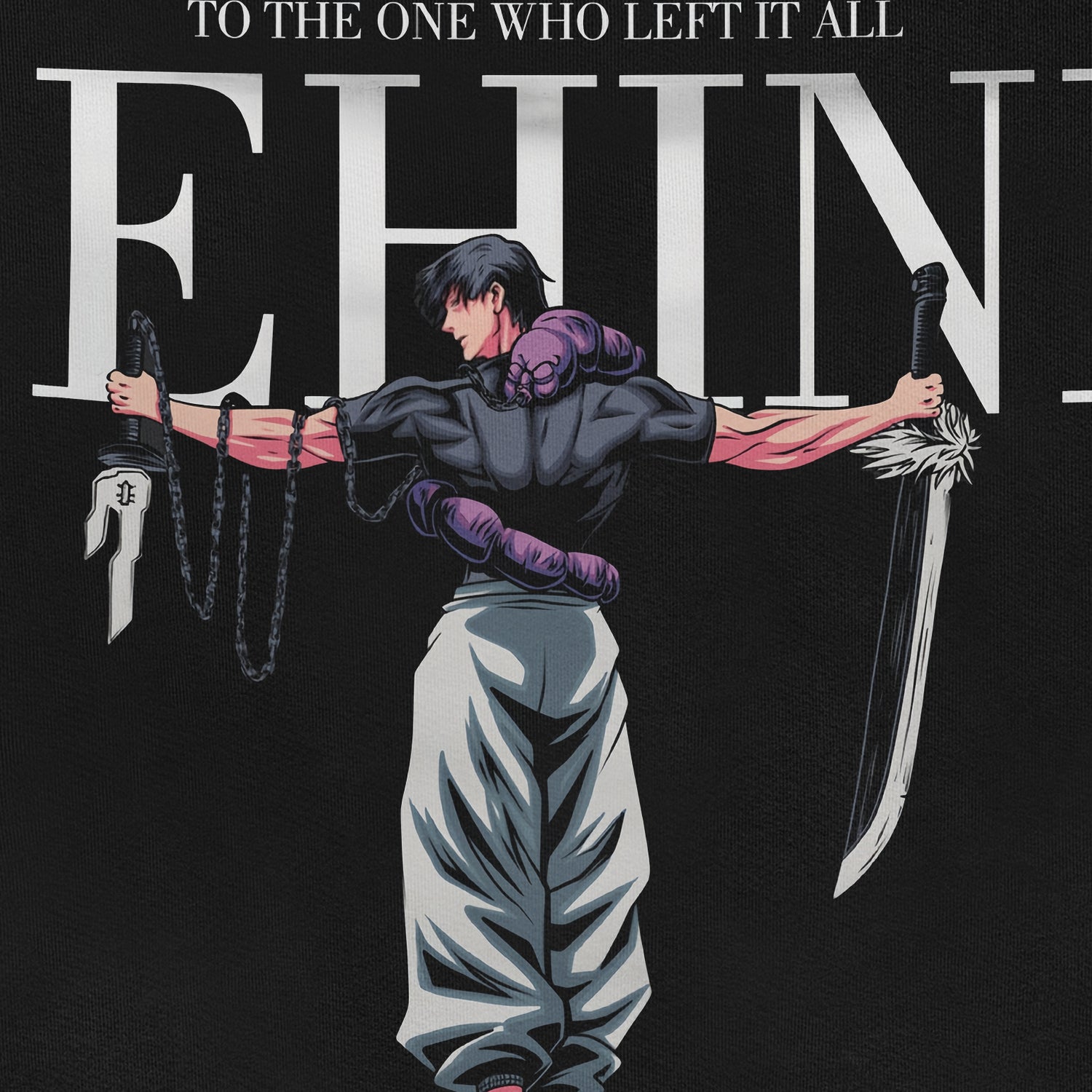 The Jujutsu Kaisen Toji Fushiguro "Behind" Crewneck Sweatshirt features an illustrated character with outstretched arms holding two large weapons against a dark background, capturing the gritty essence of anime streetwear with the text "To the one who left it all behind.