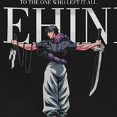 The Jujutsu Kaisen Toji Fushiguro "Behind" Crewneck Sweatshirt features an illustrated character with outstretched arms holding two large weapons against a dark background, capturing the gritty essence of anime streetwear with the text "To the one who left it all behind.