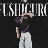 An illustration depicts a character with short dark hair and a concealed knife, wearing an anime streetwear style similar to the Jujutsu Kaisen Toji Fushiguro Crewneck Sweatshirt in black. They wear white pants, and the background has bold "Toji Fushiguro" text, echoing Jujutsu Kaisen&