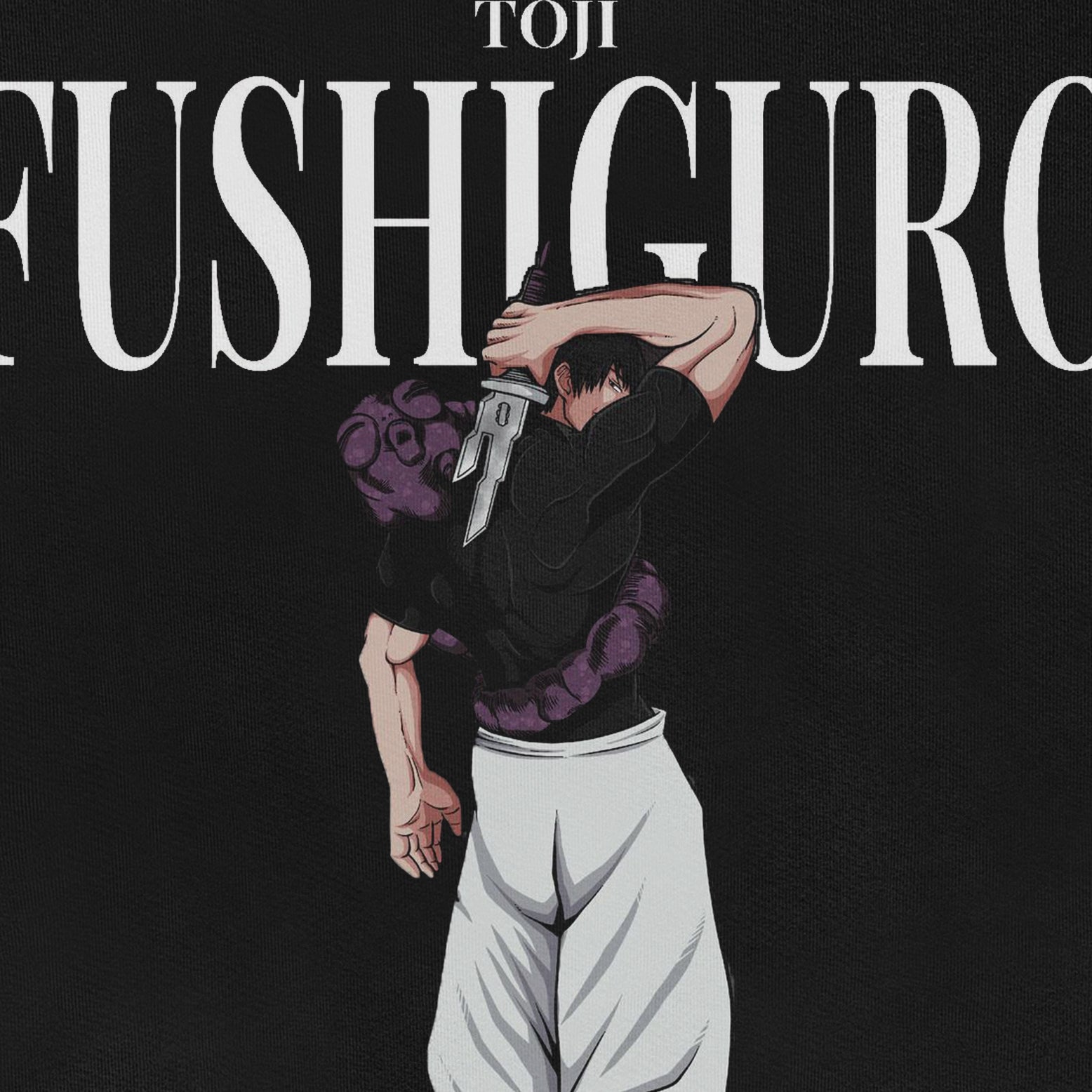An illustration depicts a character with short dark hair and a concealed knife, wearing an anime streetwear style similar to the Jujutsu Kaisen Toji Fushiguro Crewneck Sweatshirt in black. They wear white pants, and the background has bold "Toji Fushiguro" text, echoing Jujutsu Kaisen&