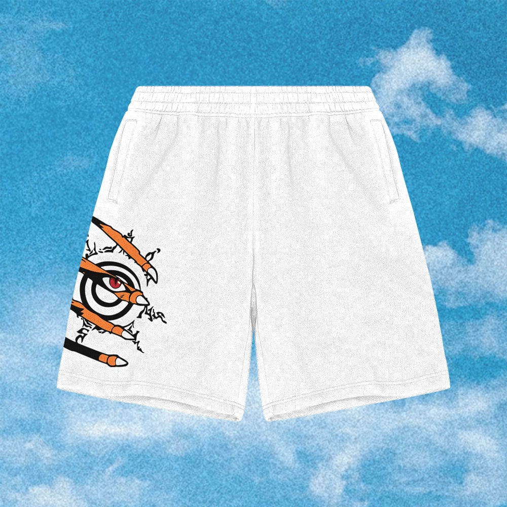 The Naruto shorts feature an anime-inspired graffiti design on the left side against a bright blue sky with white clouds, crafted in breathable cotton for comfort.