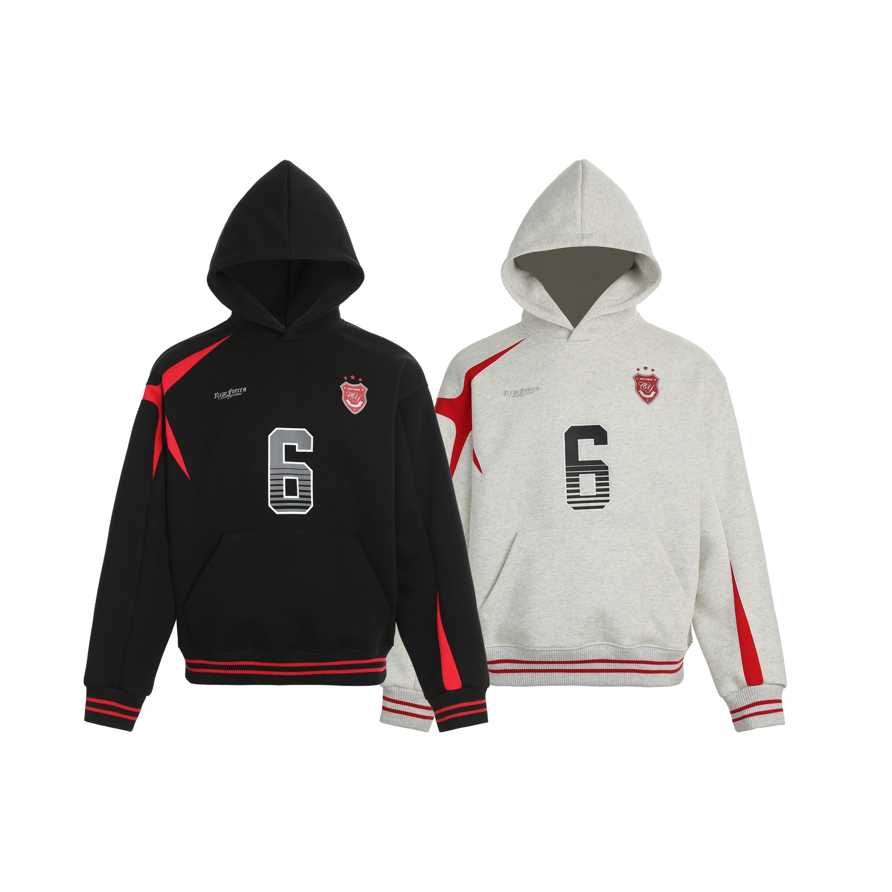 Black and grey sport-stripe fleece hoodies with red diagonal paneling and varsity number 6 graphic on white background