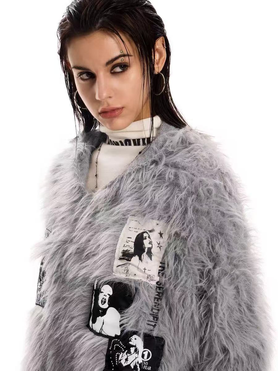 Gray fuzzy patch knit hoodie sweater worn by model, upper front view