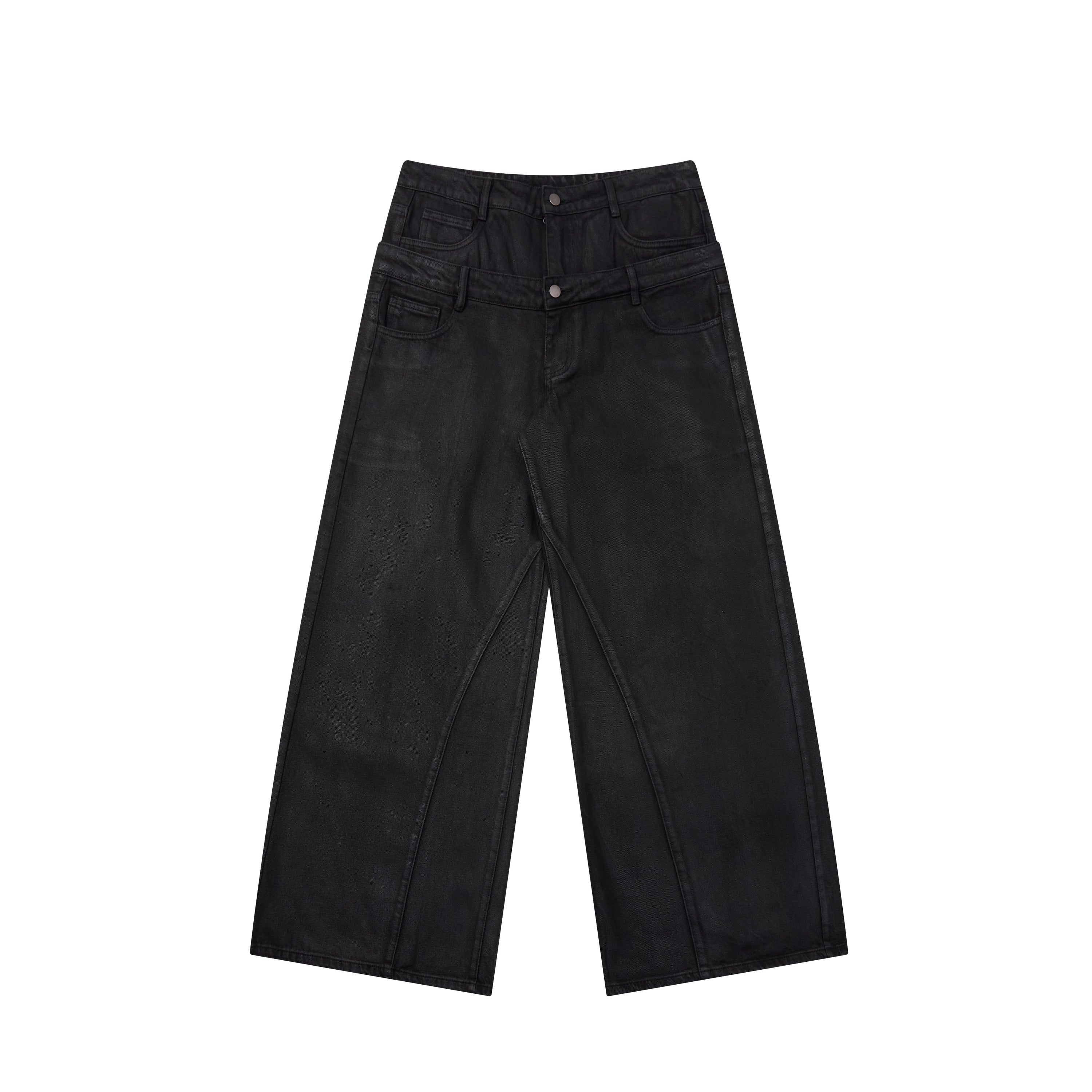 Front view of black wide-leg jeans with a double waistband and five-pocket styling