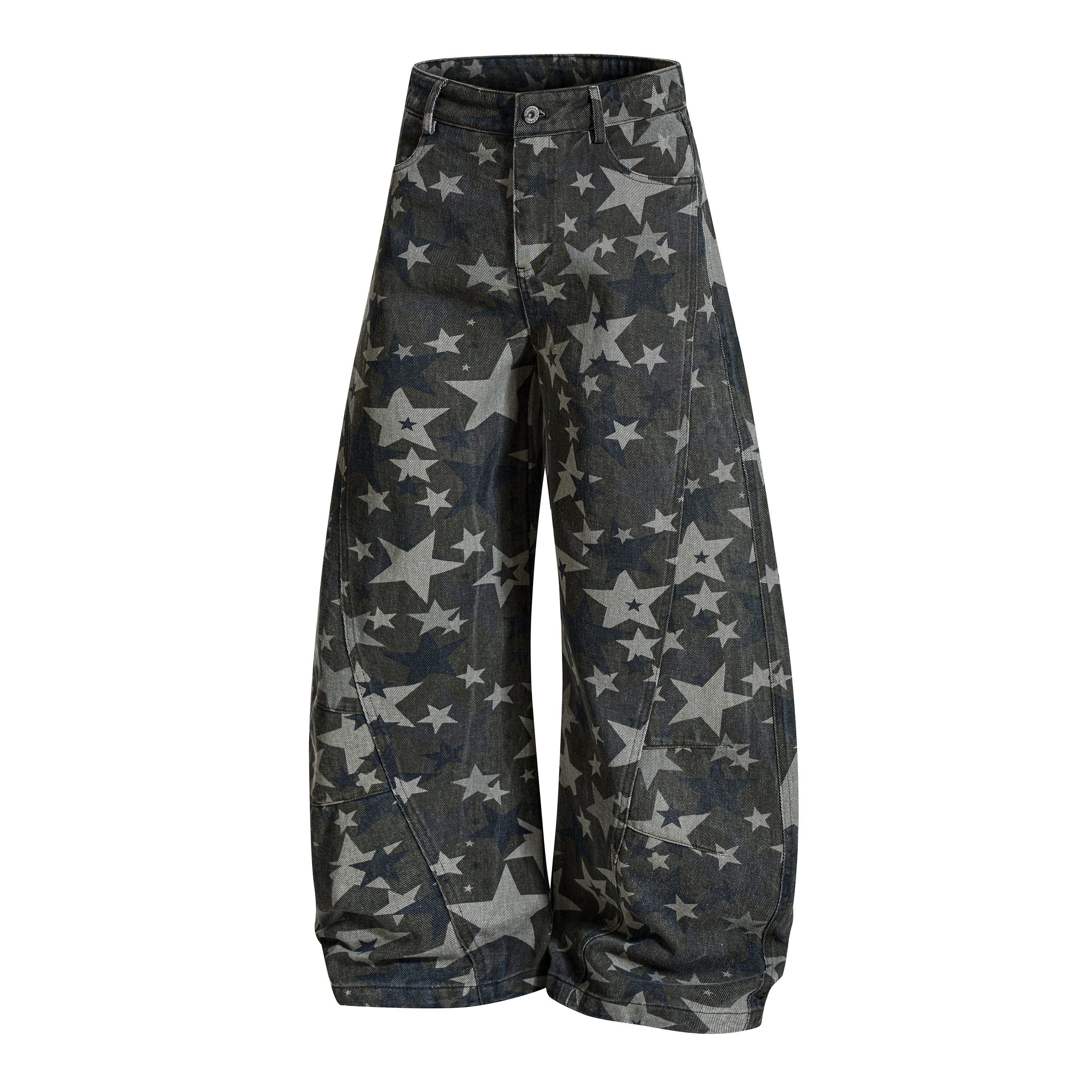 Front view of star print barrel leg jeans in dark vintage wash denim