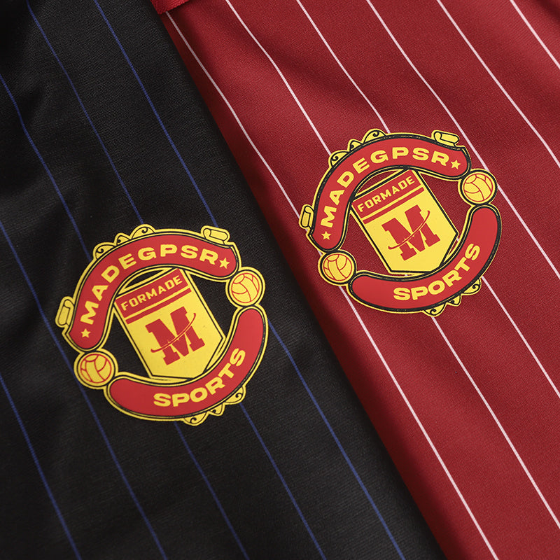 Vintage pinstripe football jerseys in black and red with bold Madegpsr Sports crest and streetwear styling