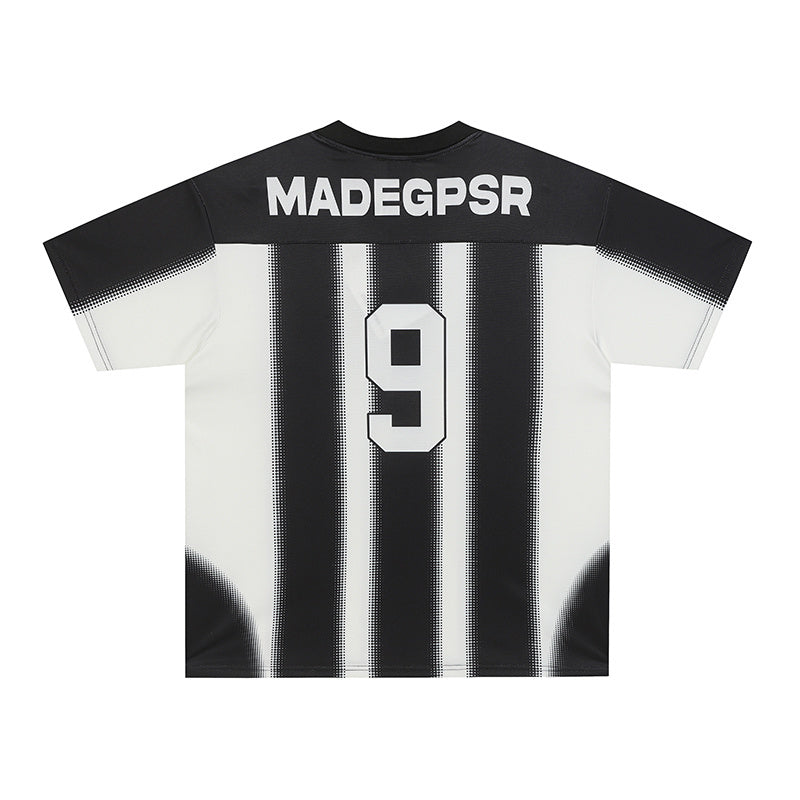 Black and white vertical stripe football jersey with number 9 and MADEGPSR across the back