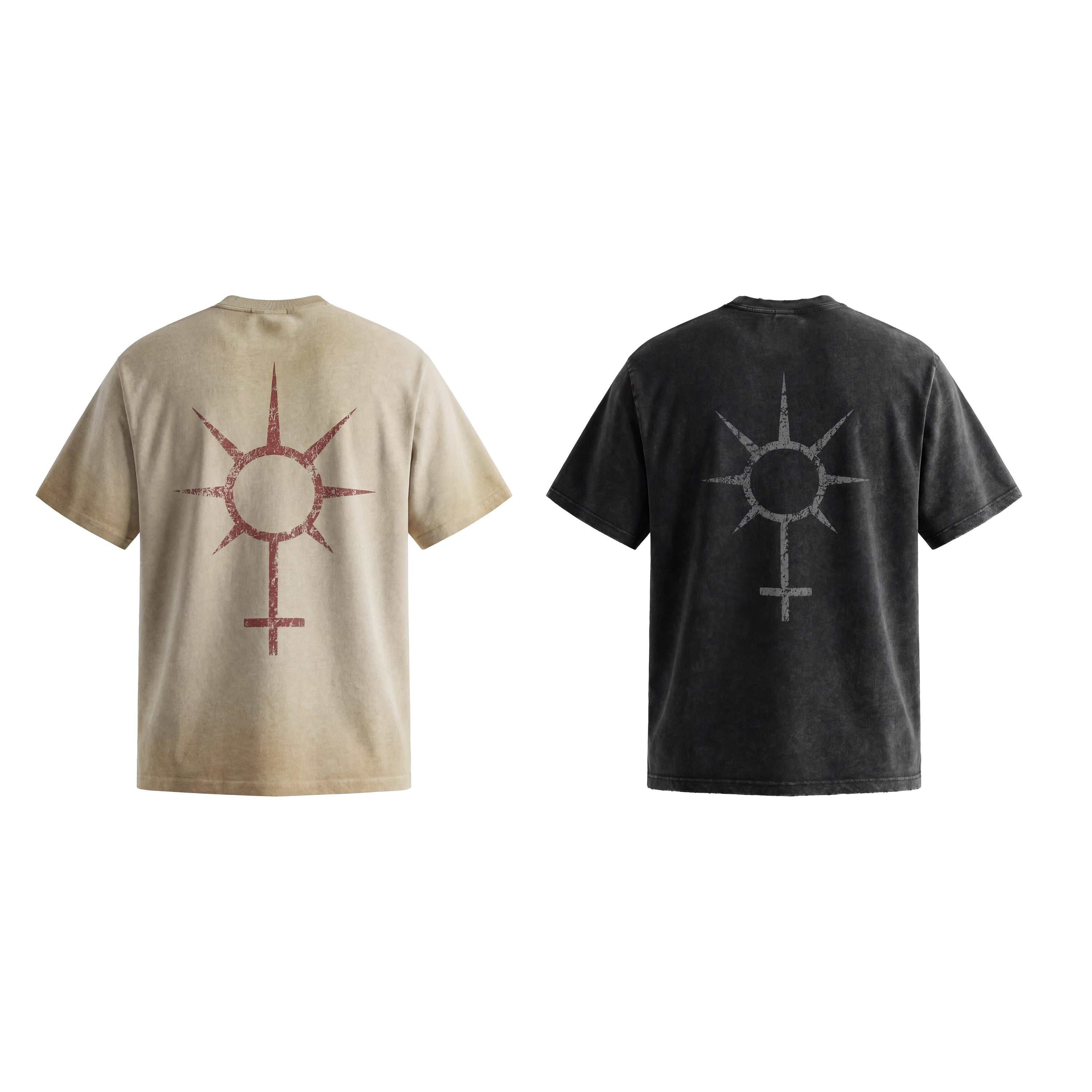 Back view of sand and black washed cotton t-shirts featuring a distressed gothic sun and Venus symbol graphic print