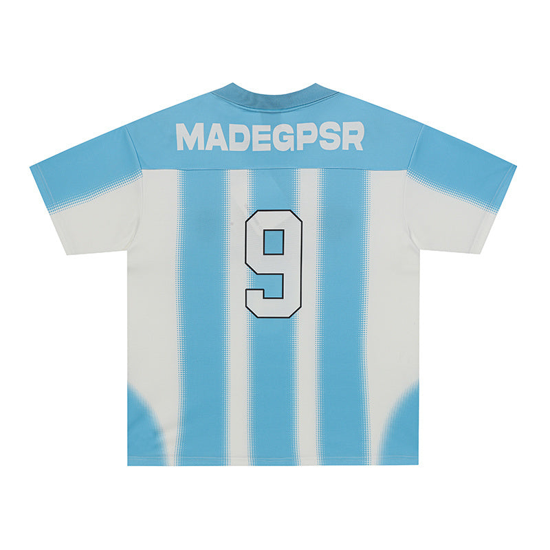 Light blue and white vertical stripe football jersey with number 9 and MADEGPSR lettering on the back