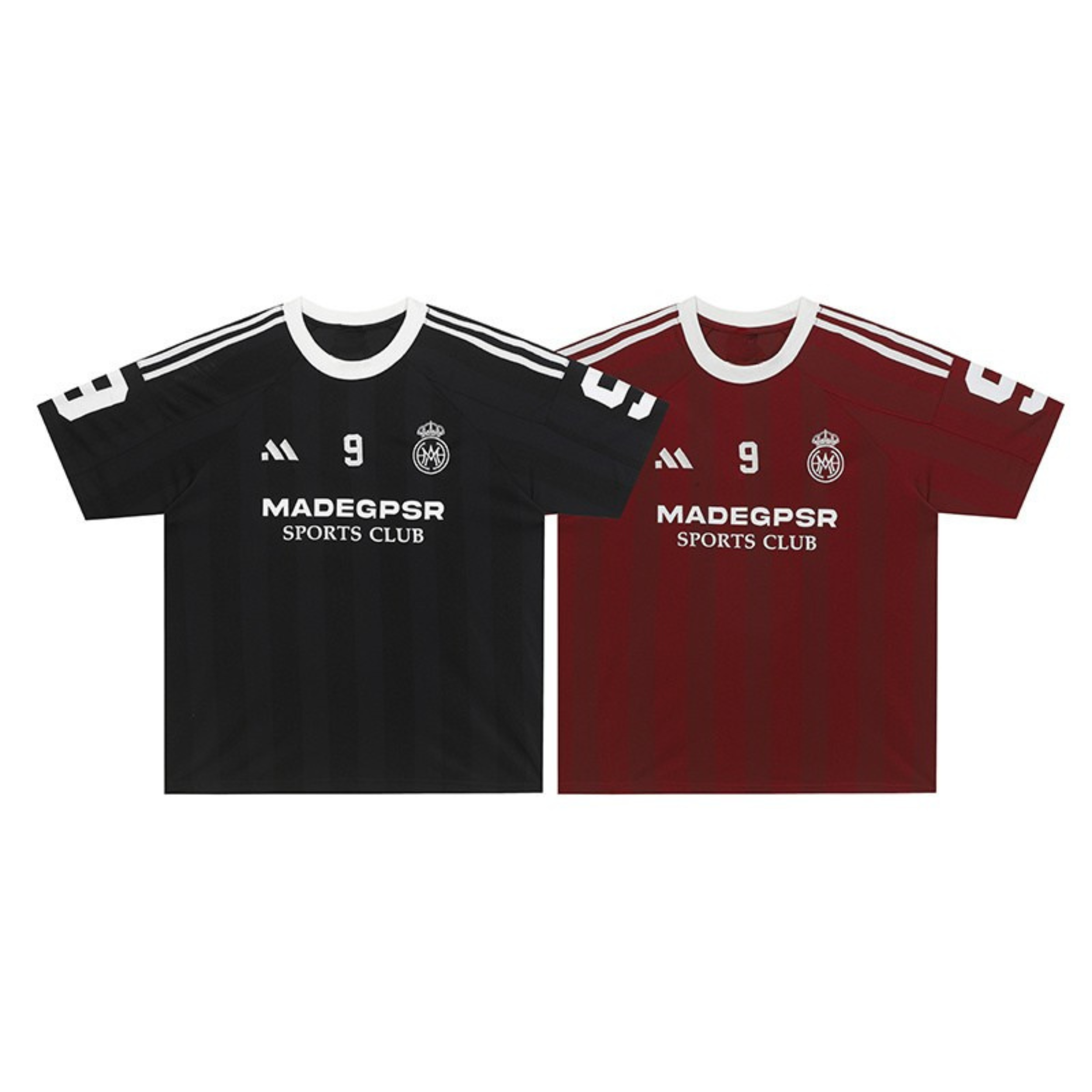 Black and burgundy MADEGPSR Sports Club football jersey t-shirts with number 9, stripe shoulders, and club crest print