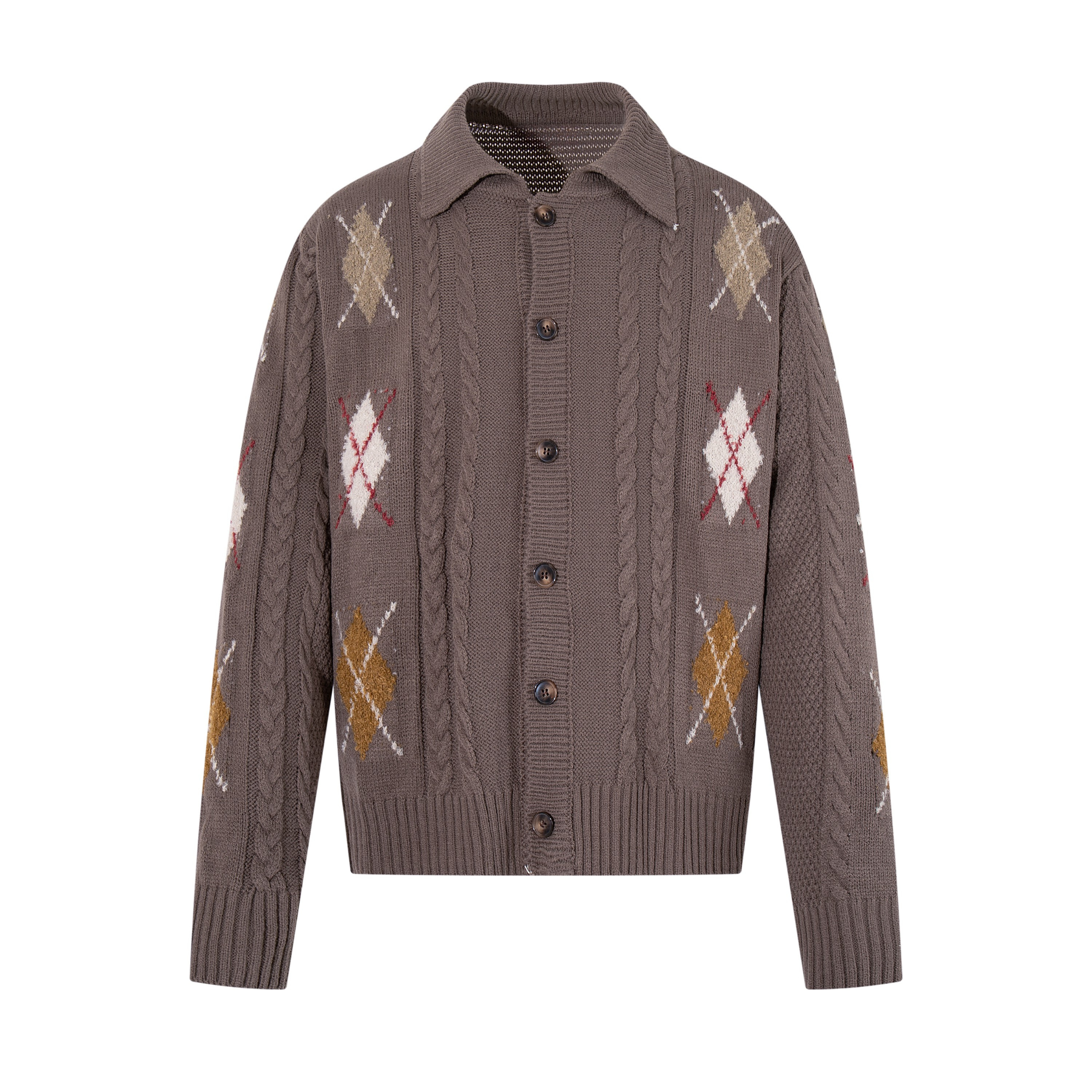 Brown cable knit cardigan with argyle patches, front view on white background