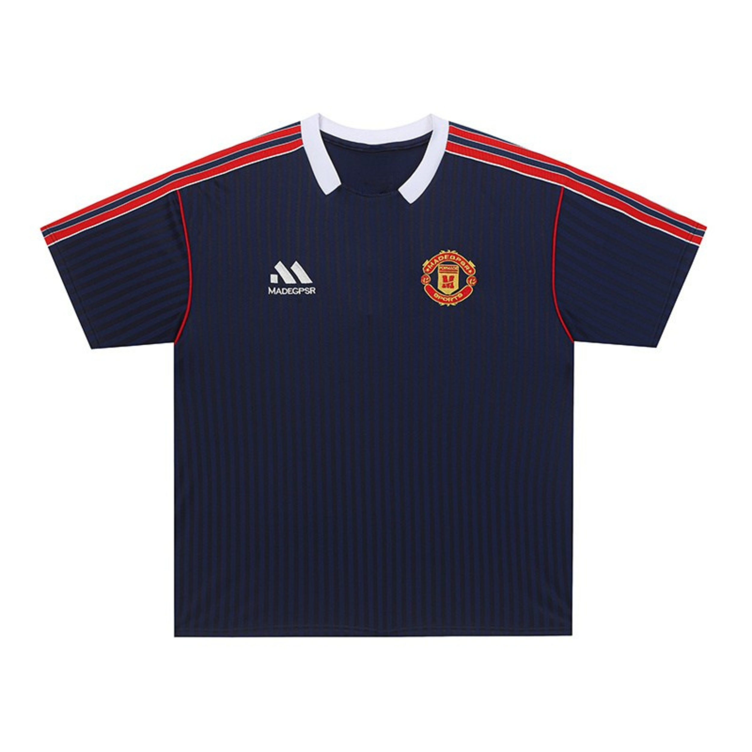 Navy soccer jersey with white V-neck collar, red shoulder stripes, and crest logo on the chest