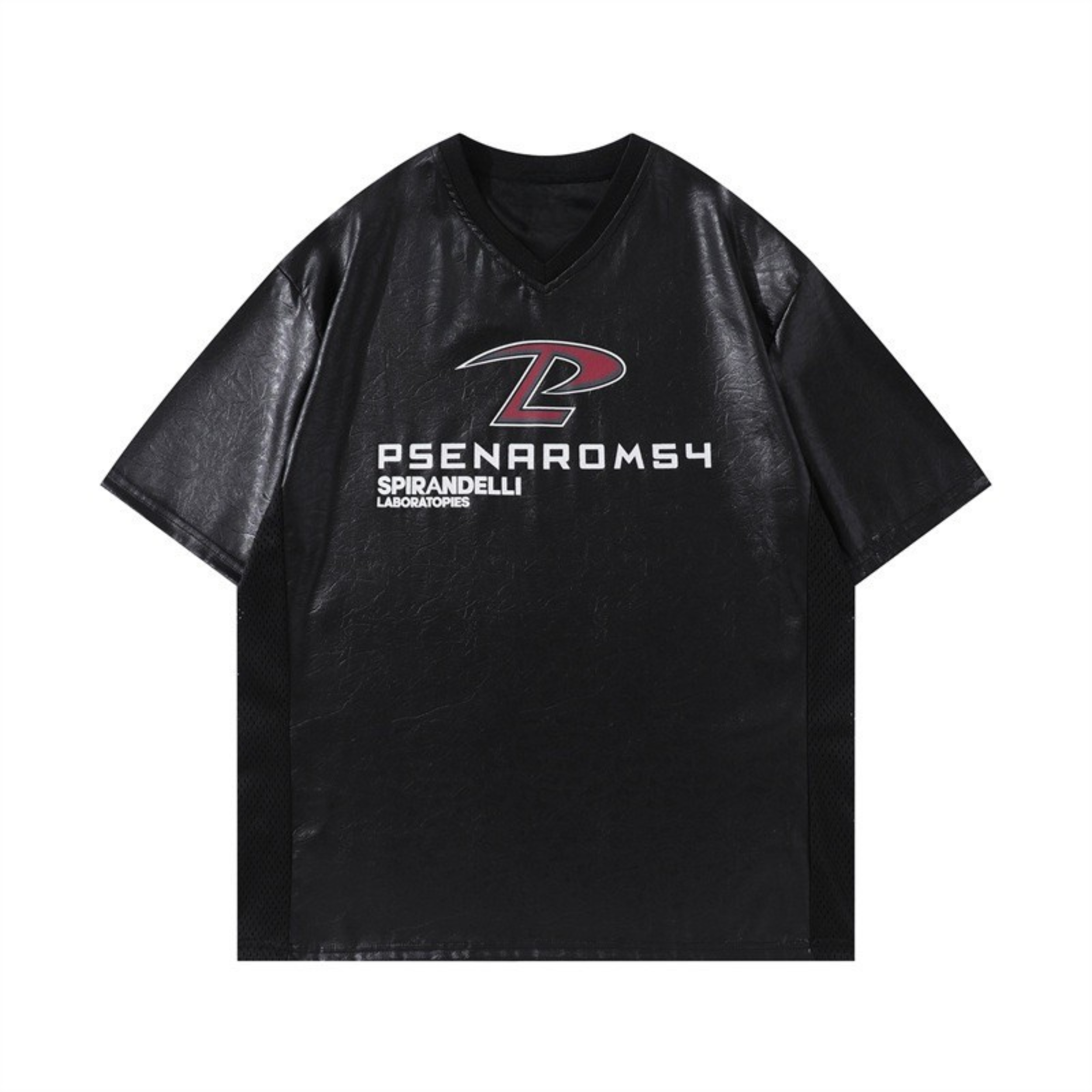 Black PU leather-look V-neck streetwear tee with racing-style graphic logo on the chest