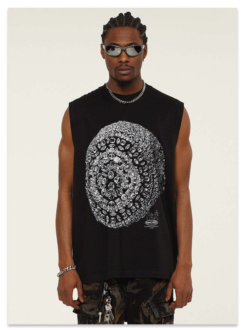 Model wearing black sleeveless tee with crystal skull graphic