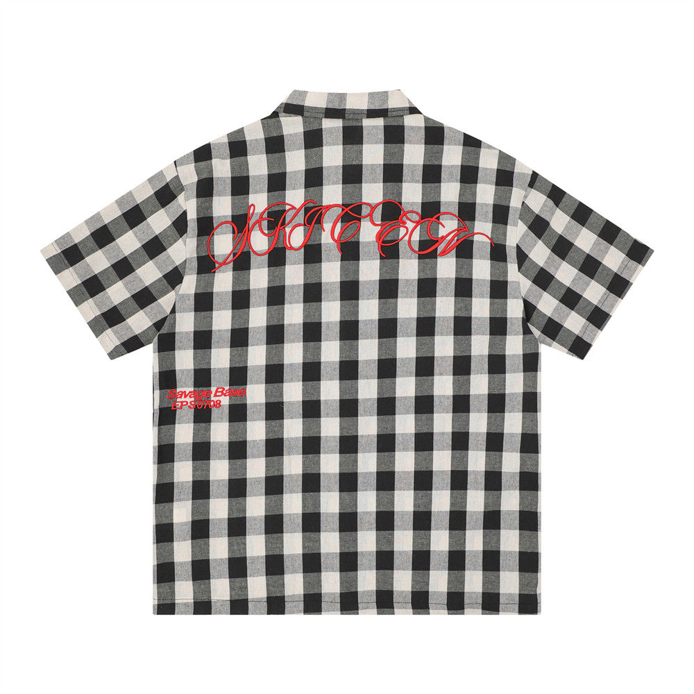 Black gingham short sleeve shirt back view with red script embroidery