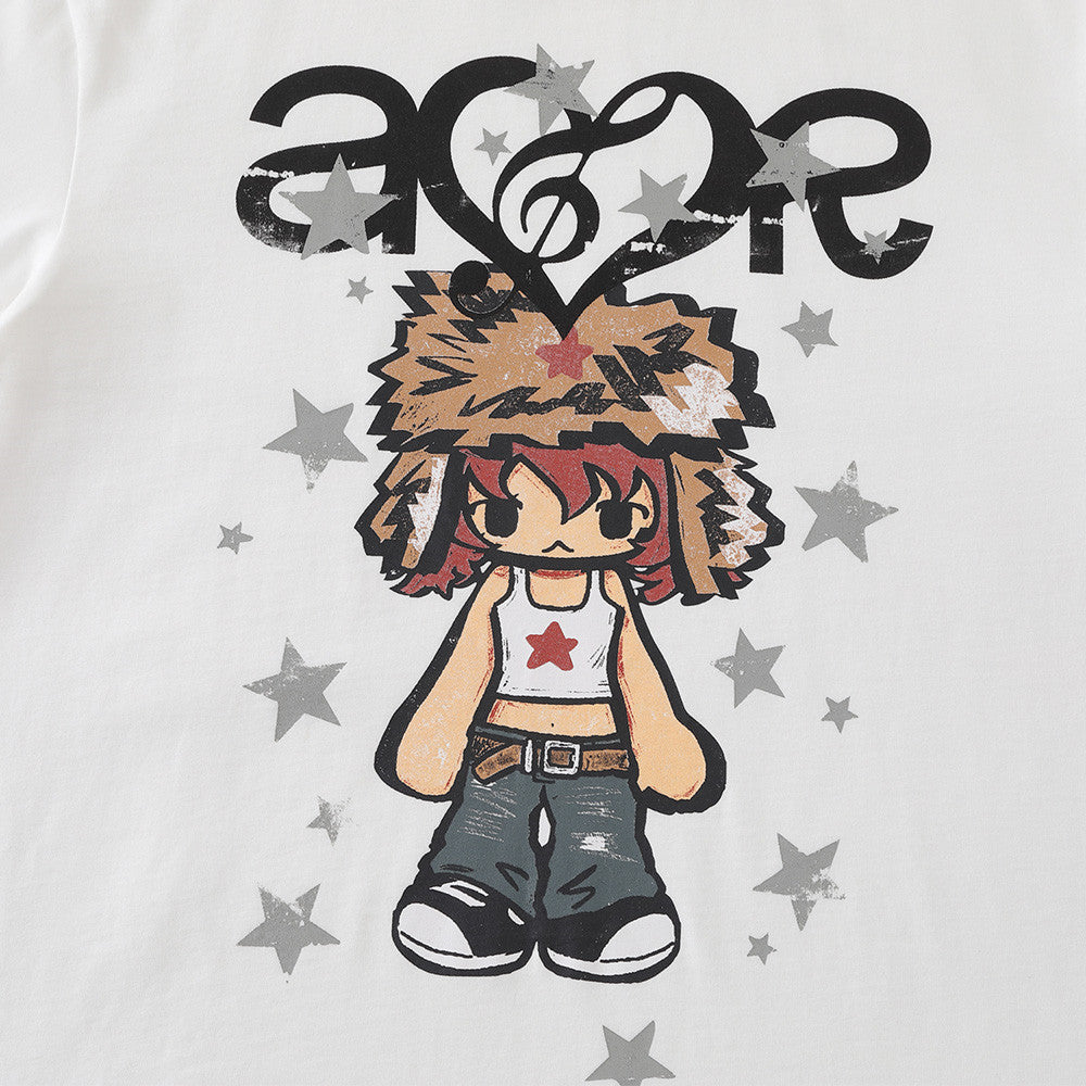 Front of white graphic T-shirt with cartoon character, stars, and bold black lettering