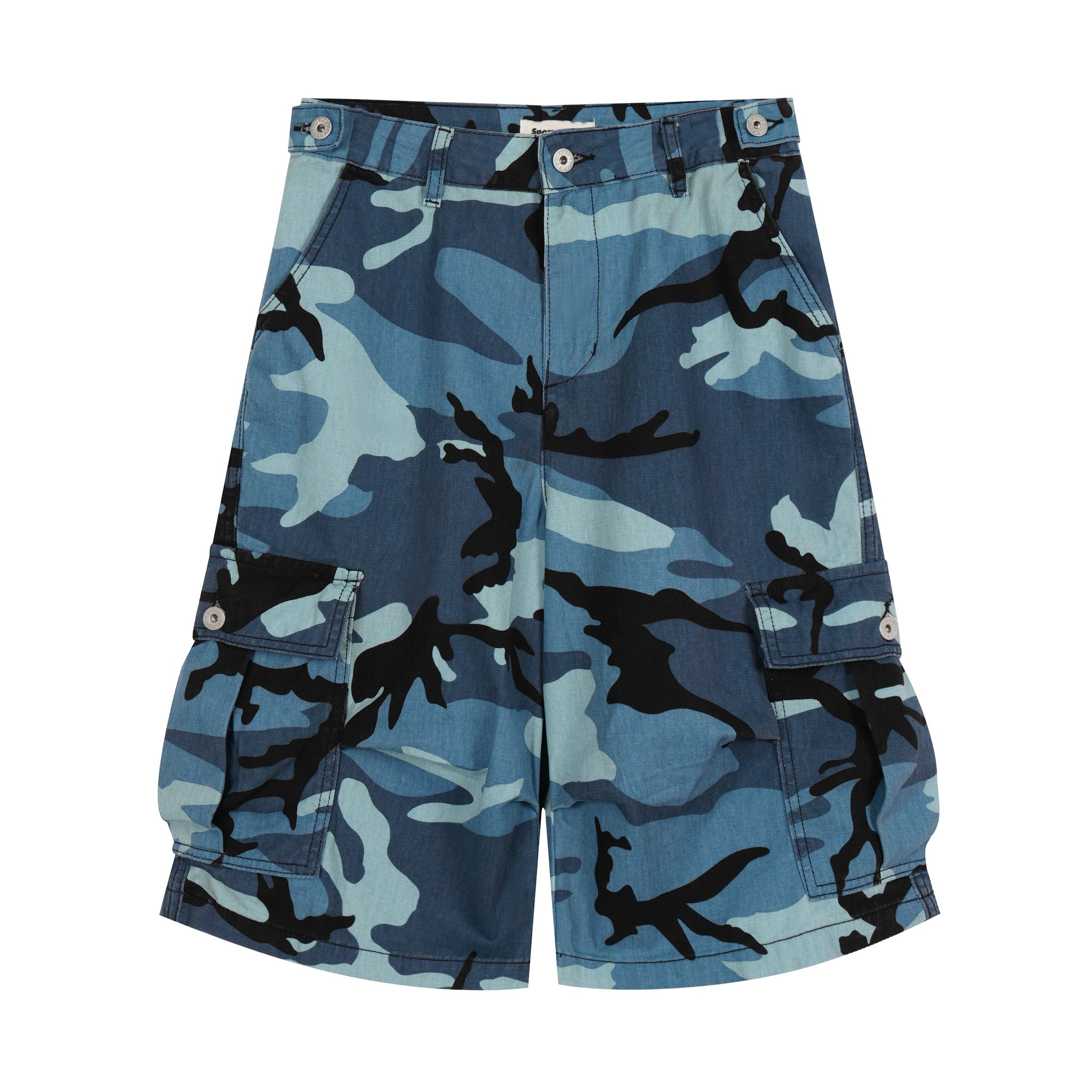 Front view of blue camouflage cargo shorts with oversized fit and flap pockets