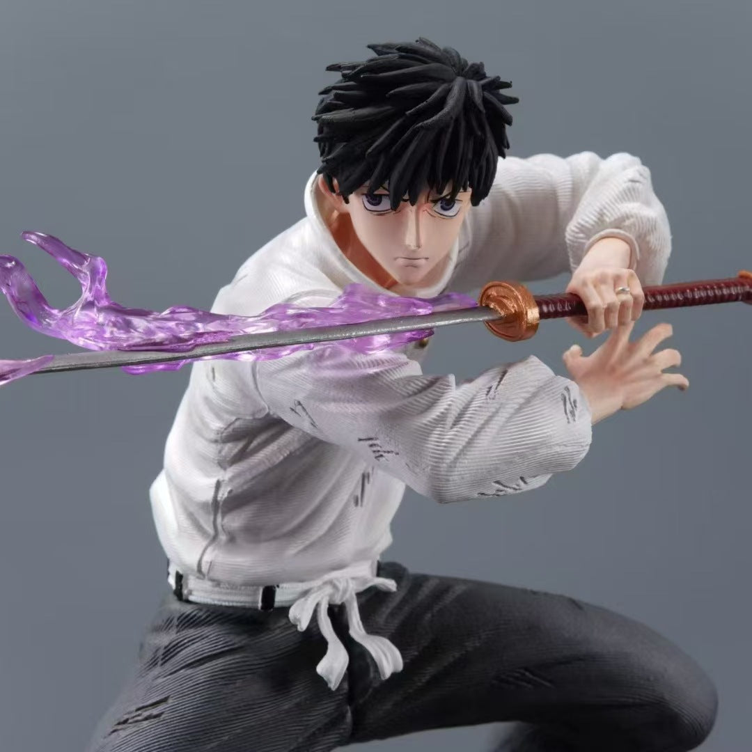 A figure of a person holding a sword with a translucent purple blade, posed in a dynamic stance. The figure has black hair, wears a white shirt and dark pants, and stands against a plain gray background.