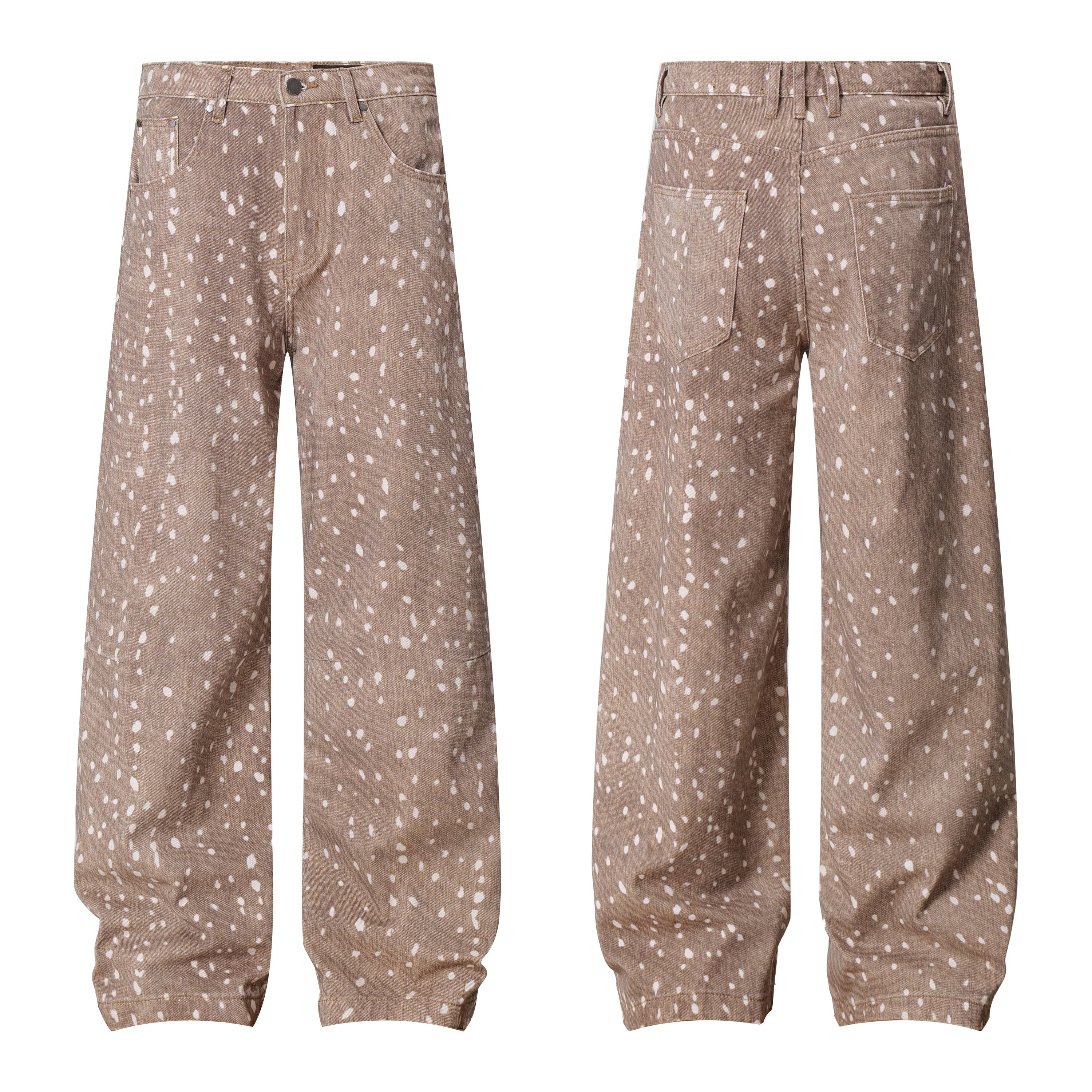 Front and back view of wide-leg jeans in taupe with all-over white fawn spot print and gathered hems