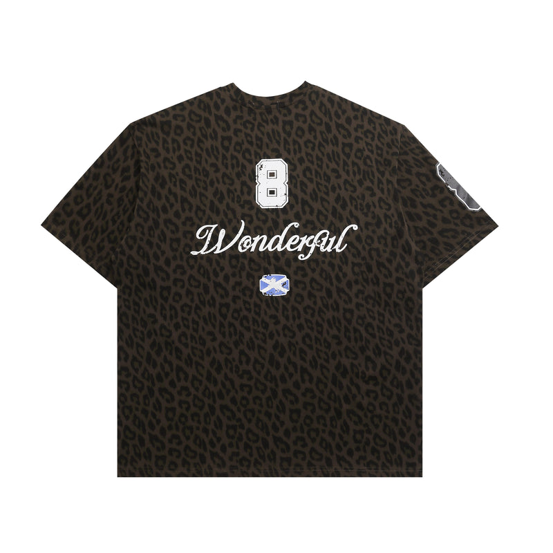 Brown leopard print graphic T-shirt with oversized white number 8 and Wonderful script on the chest and sleeve