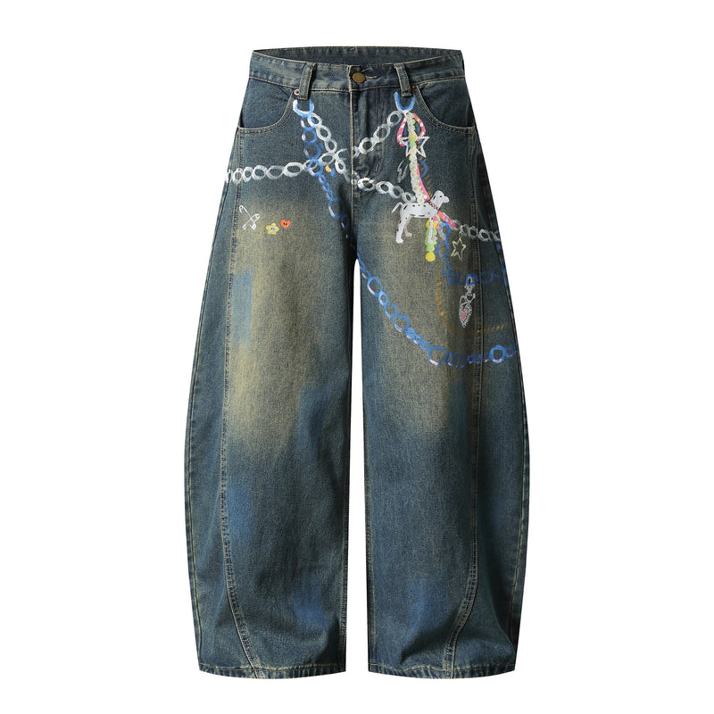 Front view of dark wash wide-leg denim pants with hand-painted chain and dog graphic