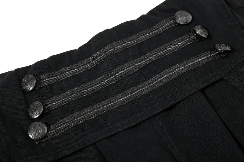 Close-up of black shorts waist detailing with three horizontal decorative button trims