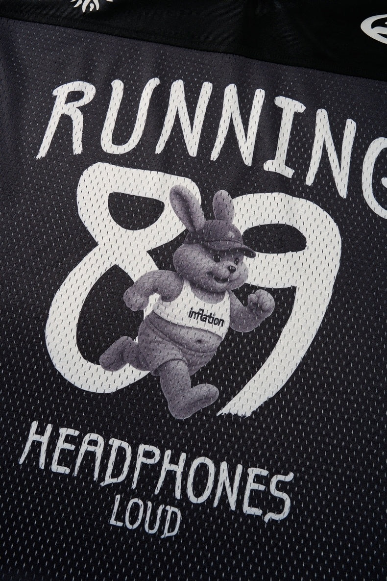 Black mesh jersey with Running 89 graphic and bunny mascot, featuring Headphones Loud streetwear print