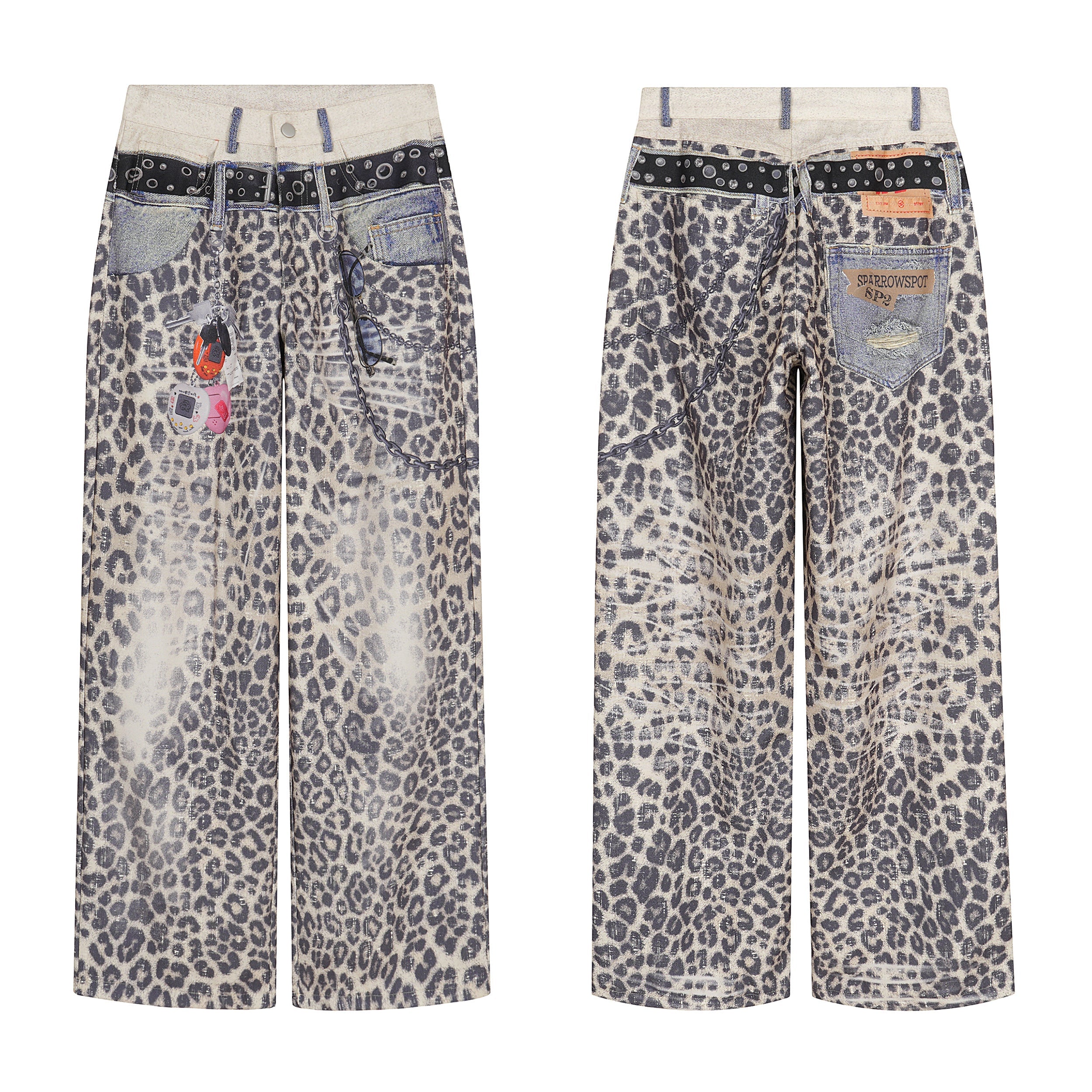 Front and back view of wide-leg leopard print pants with denim patchwork waistband, studded belt detail, and chain accessorie