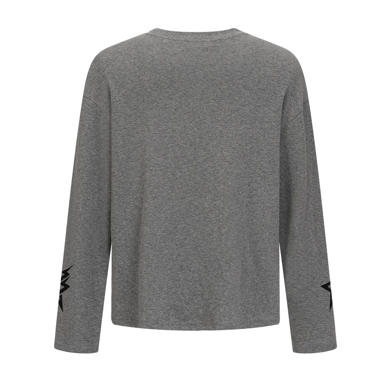 Back view of gray long-sleeve tee with plain heathered knit and black sleeve graphic