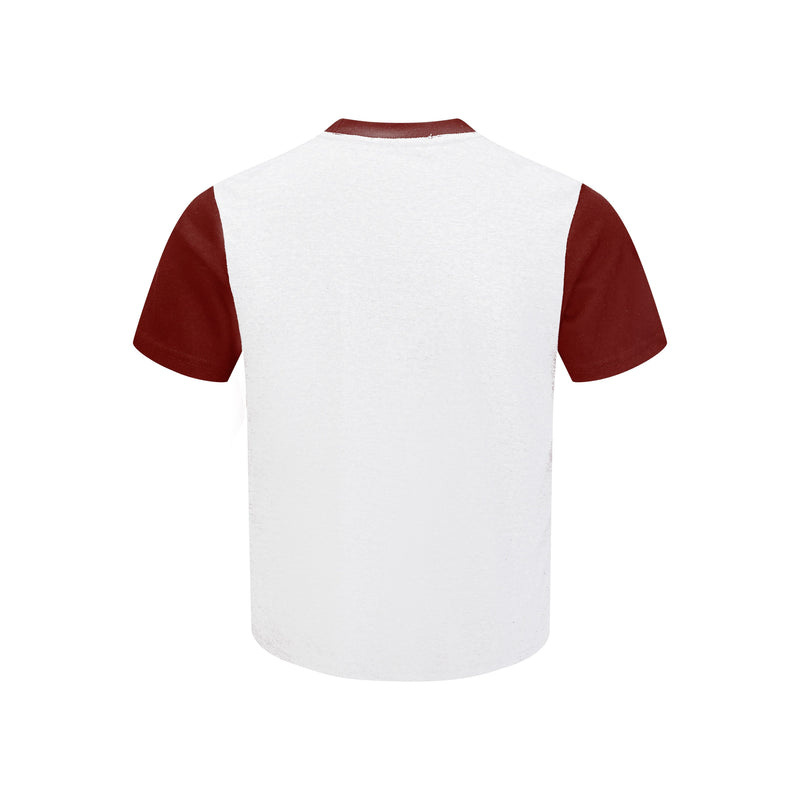 White Beatles graphic T-shirt with burgundy contrast sleeves and collar, shown from the back on a plain background