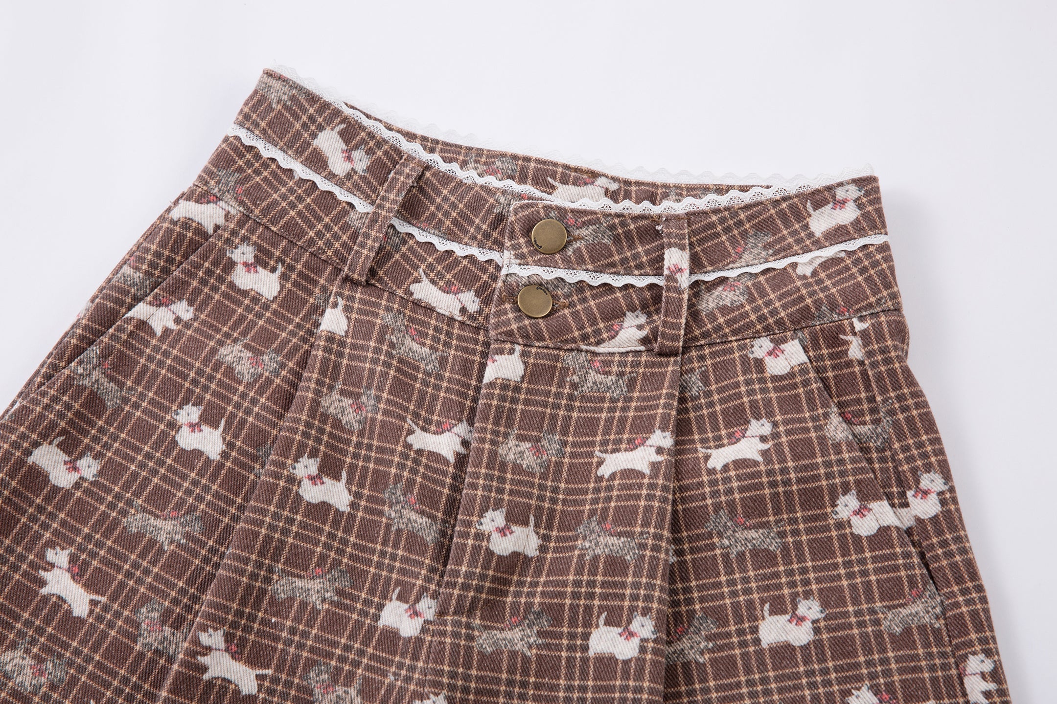 Retro Dog Print Plaid Wide-Leg Pants | Vintage Style