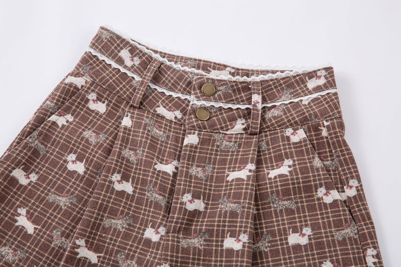 Retro Dog Print Plaid Wide-Leg Pants | Vintage Style