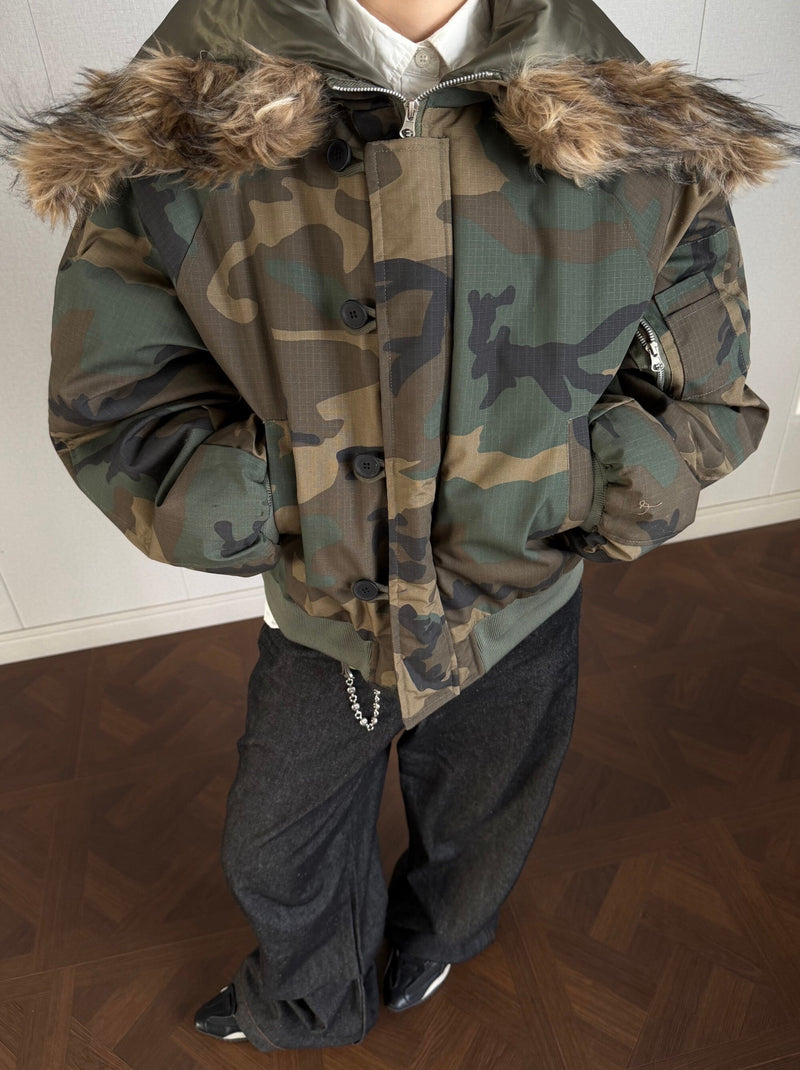 Camo Faux Fur Hood Cropped Bomber Jacket | Omirad