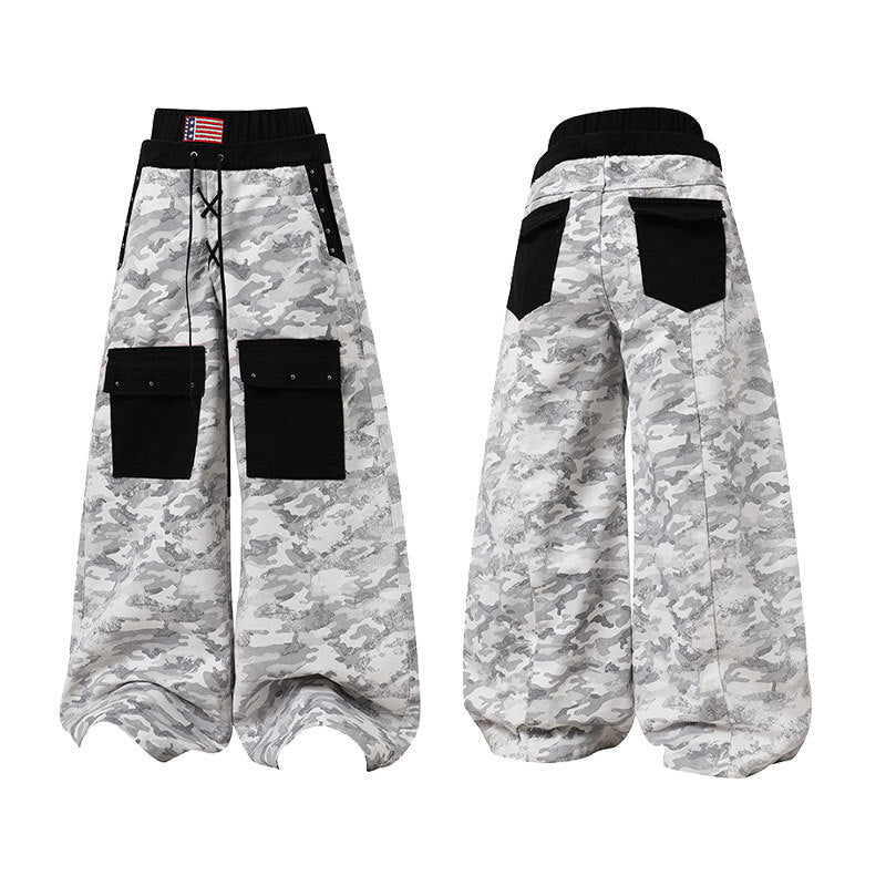 Front and back view of grey-white camo wide-leg cargo pants with black patch pockets and lace-up waist