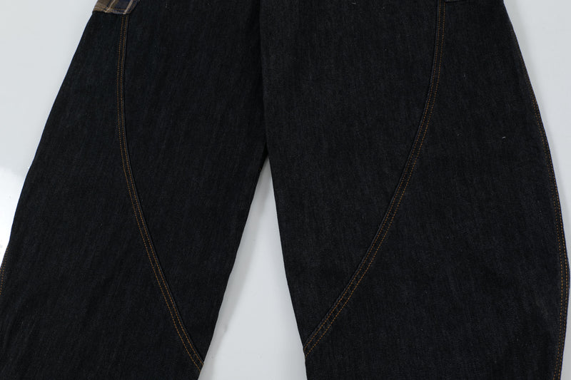 Plaid Patch Curved Seam Wide-Leg Denim Jeans | RHNDE