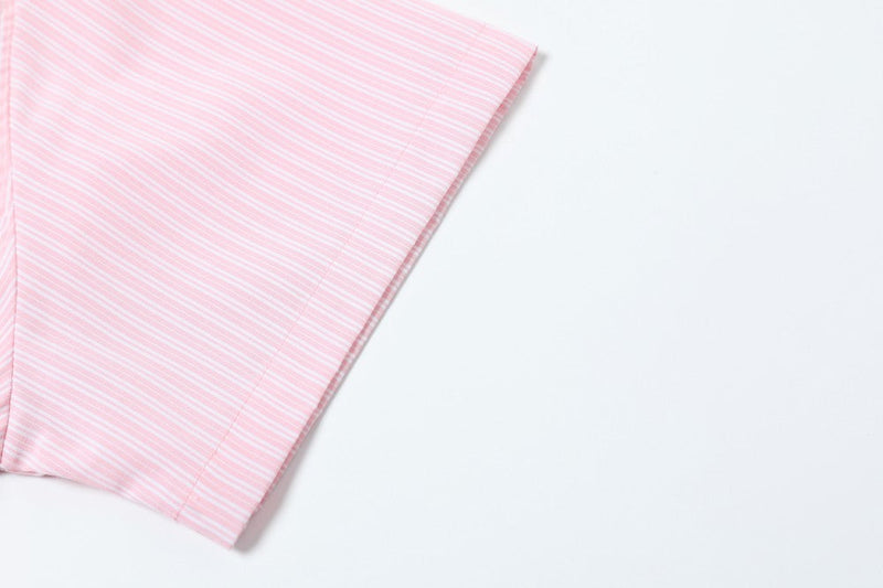 Close-up of pink striped short sleeve hem