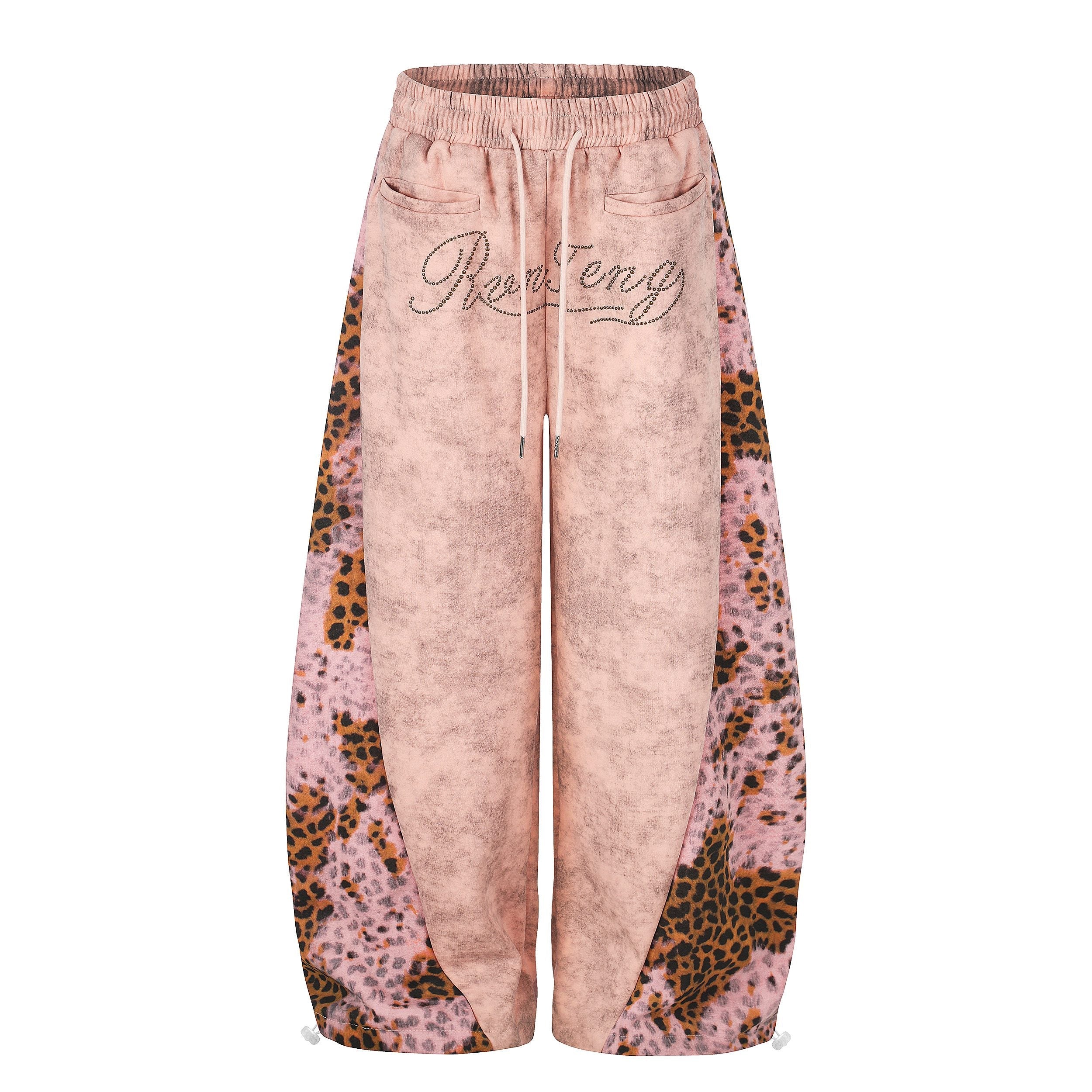 Leopard Panel Wide-Leg Sweatpants | Y2K Rhinestone Logo