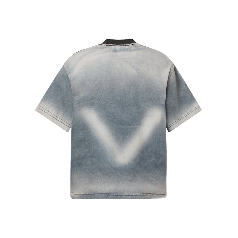 Vintage washed graphic T-shirt with spray fade effect and oversized V-shaped back design in gray-blue tones