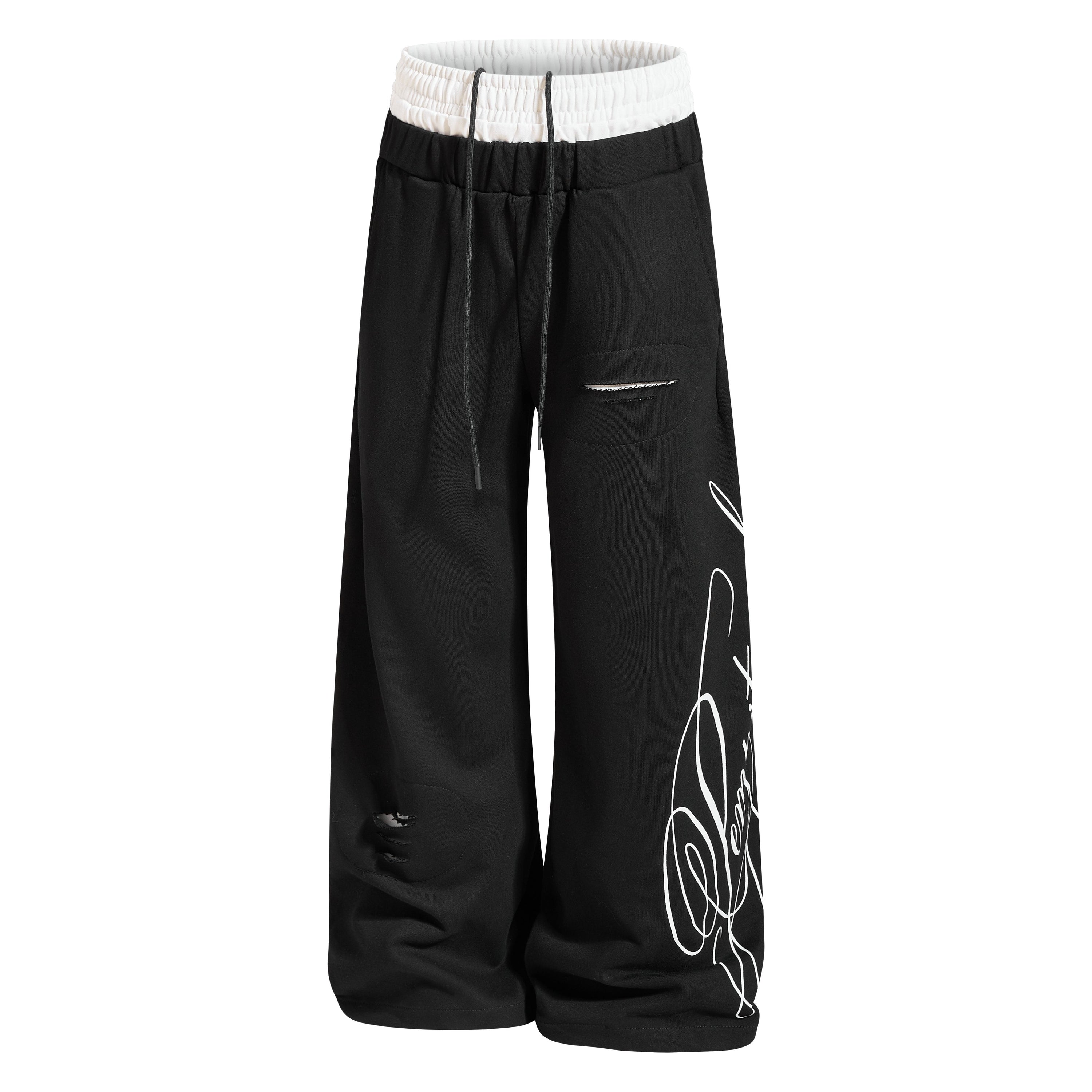 Distressed Wide-Leg Sweatpants with Contrast Waistband