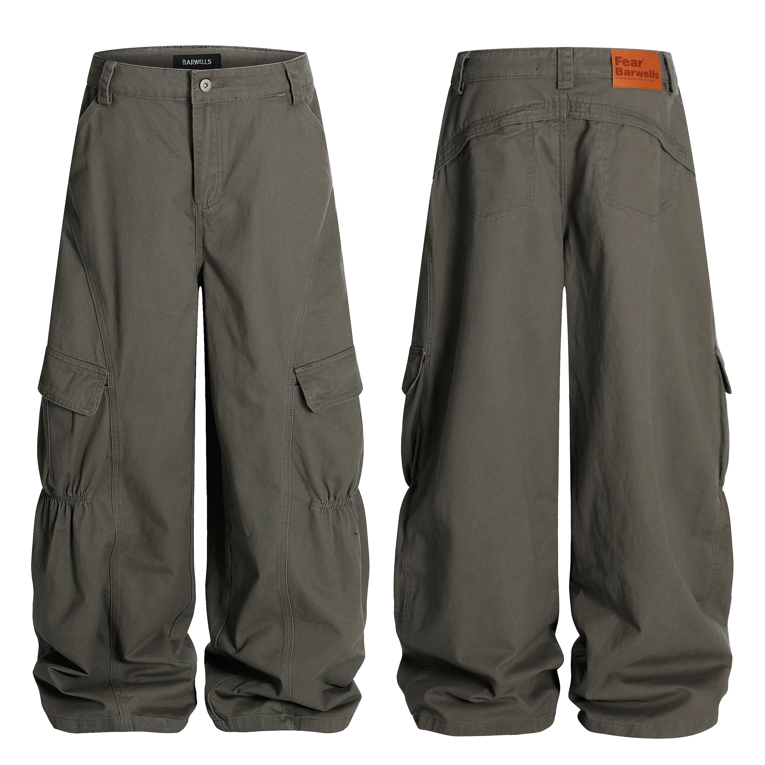 Front and back view of olive-grey wide-leg parachute cargo pants with flap pockets and gathered knee detail by Barwells