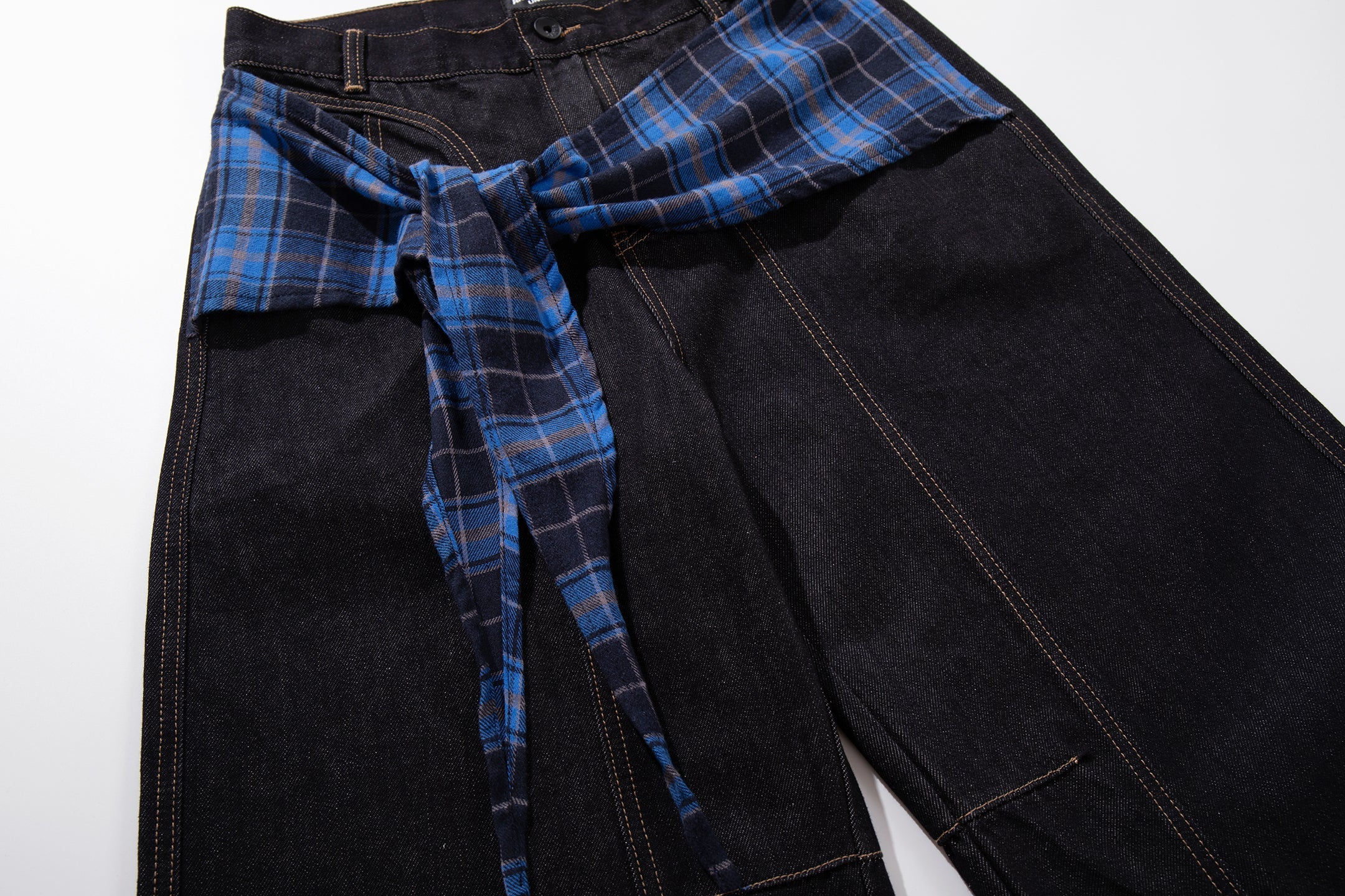 Omirad Plaid-Panel Wide-Leg Jeans | Dark Wash Denim