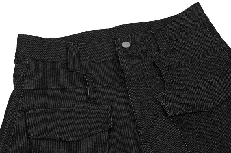 Close-up of black denim waistband, button, belt loops, and cargo pocket flap