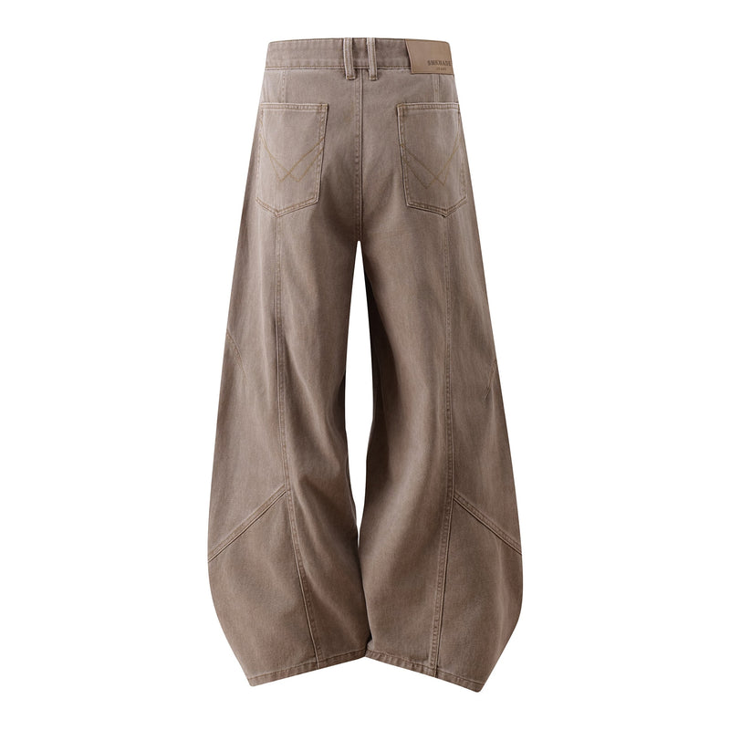 Brown wide-leg jeans back view with patch pockets and logo label